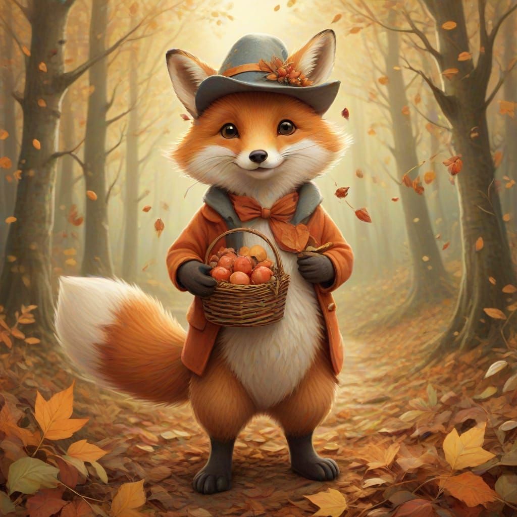 Cheerful Fox in Autumn Hat with Berry Basket