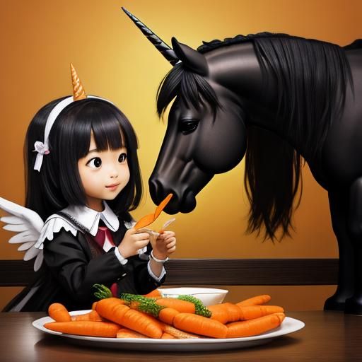 Girl Feeds Black Winged Unicorn
