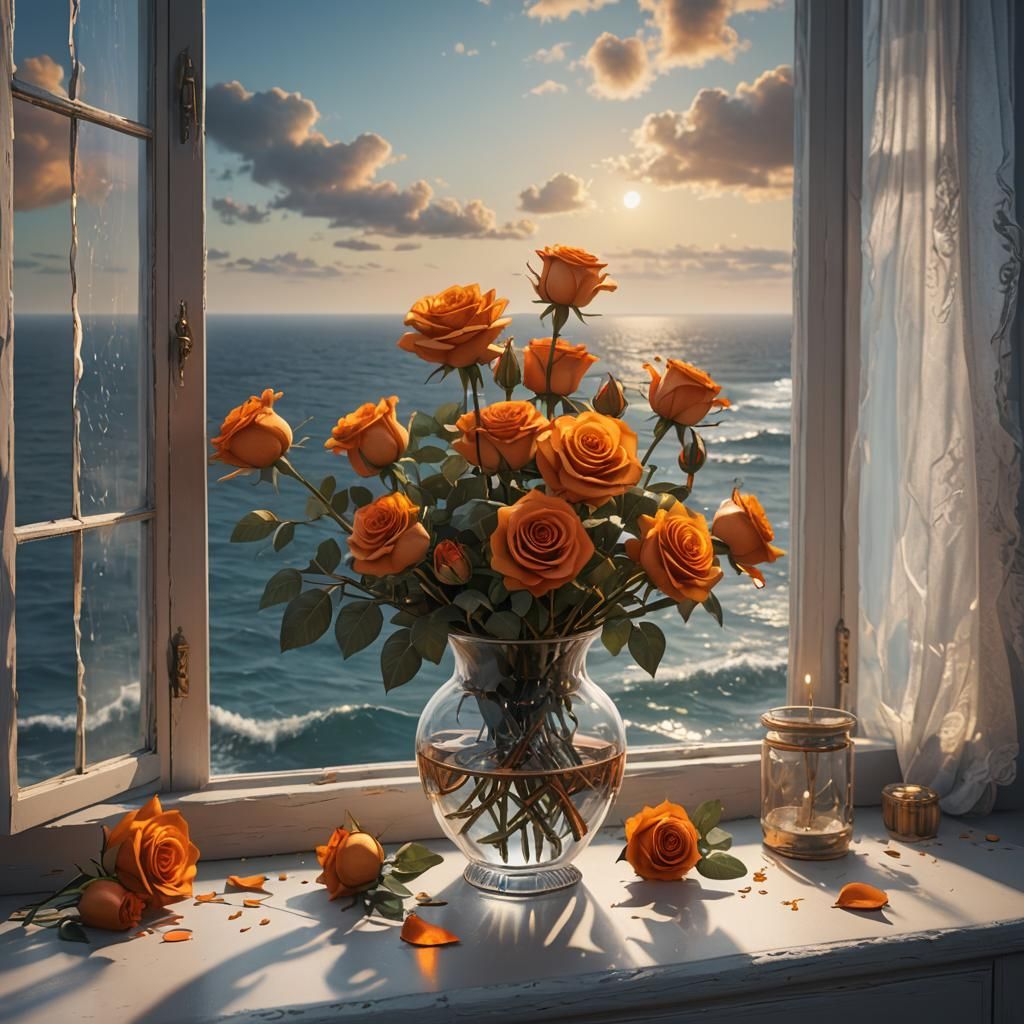 Orange Roses Overlooking Sea: Detailed Matte Painting