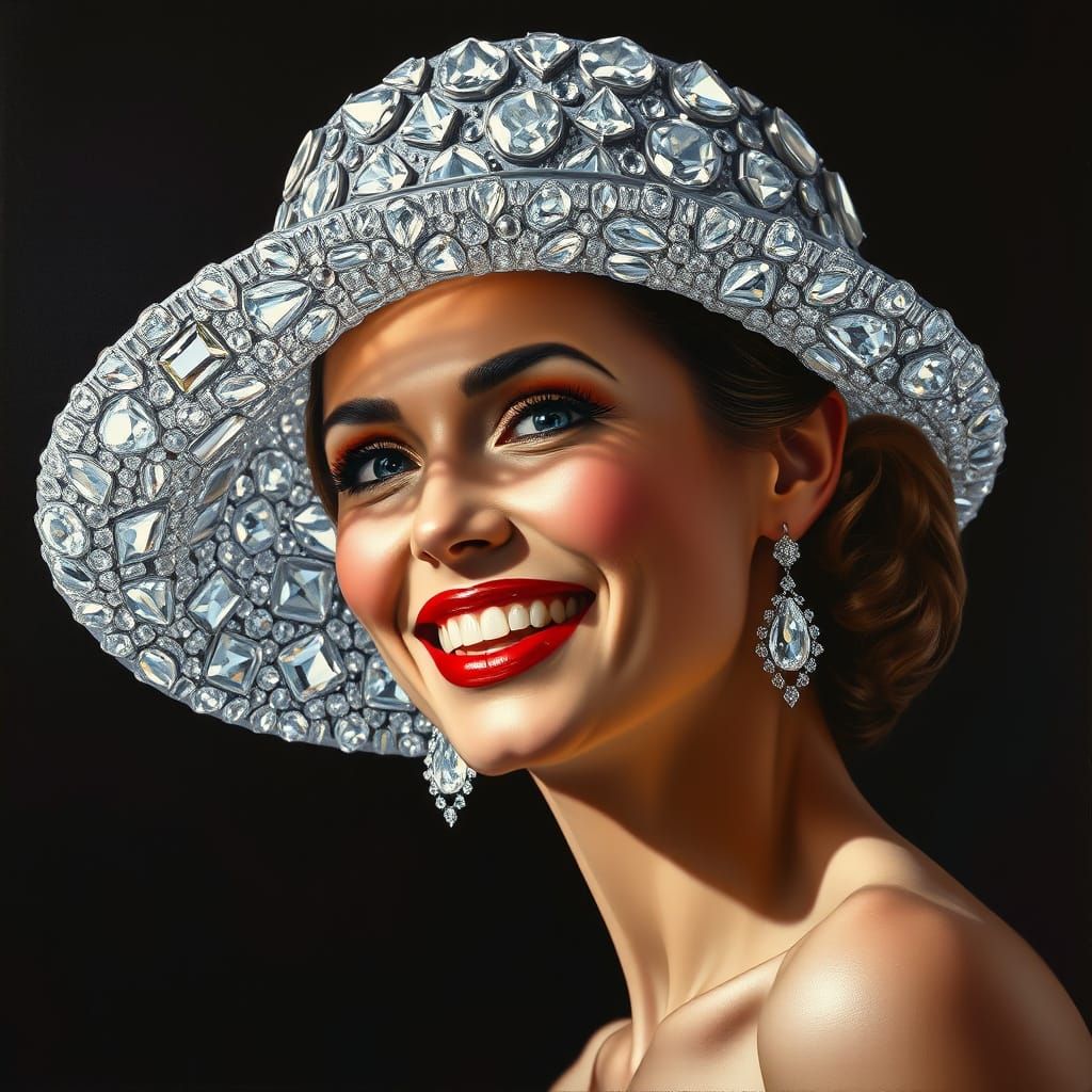 Glamorous Woman in Diamond Hat, Luminous Oil Painting