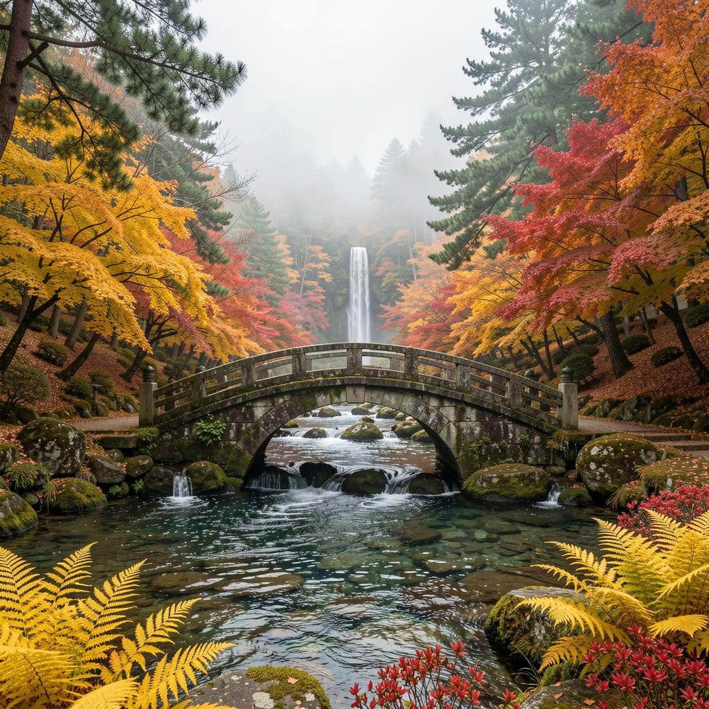 Autumn Japanese Garden with Stone Arch Bridge in Hyperrealis...