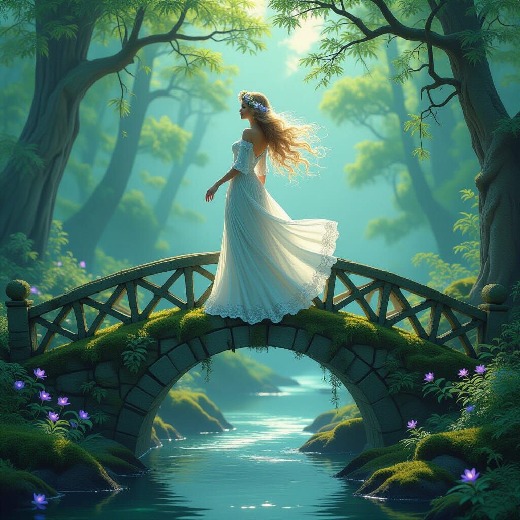 Enchanted Woman with Bioluminescent Flowers, Art Nouveau Sty...