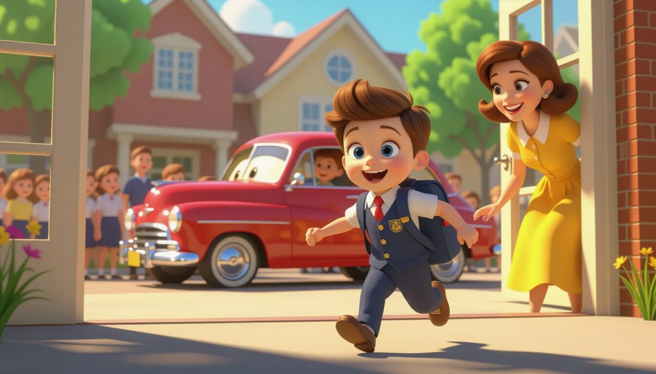 Boy Rushes Into Schoolyard In Disney Animation Style