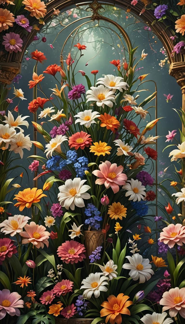 Ethereal Flowers in Glass Case with Ancient Background