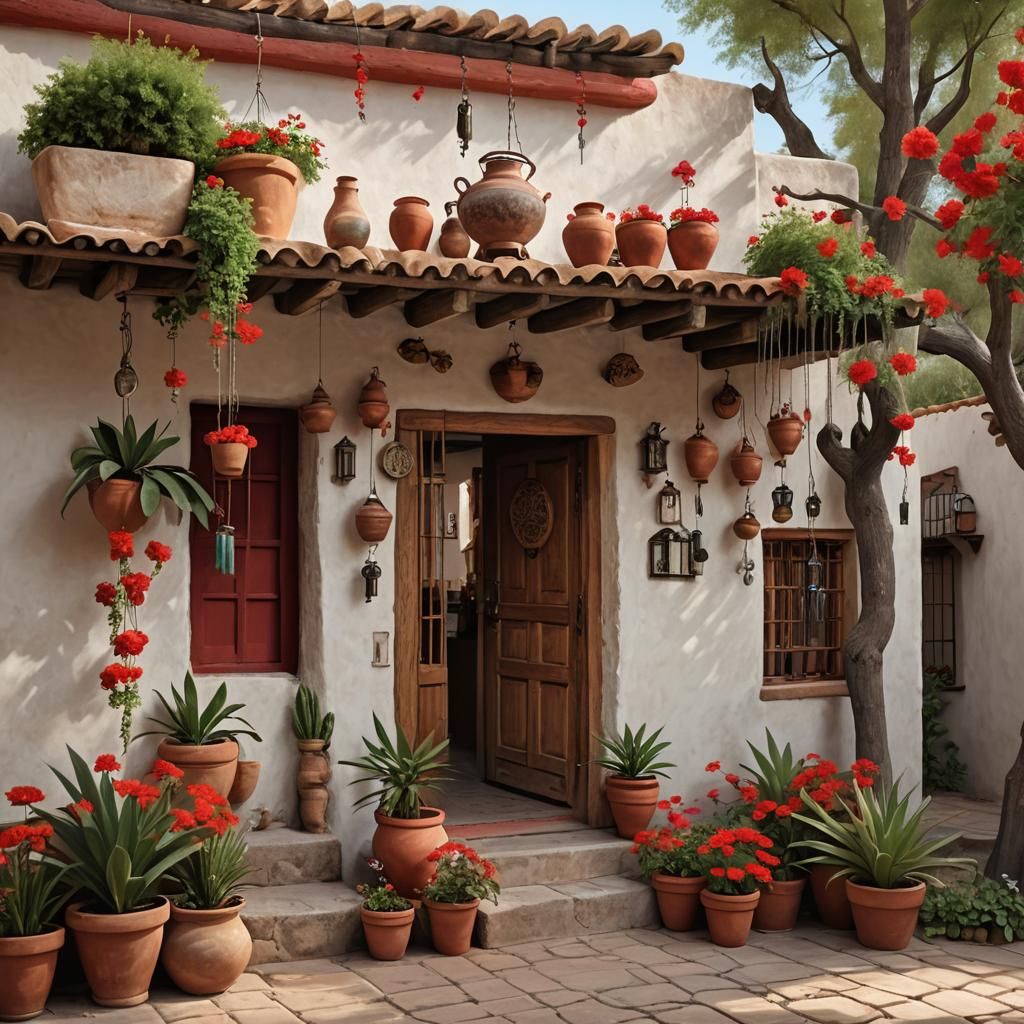 Mexican Home with Red Flowers, O'Keeffe Style