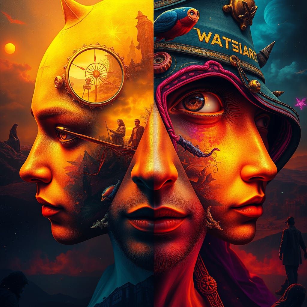 Surreal Golden Portrait Collage in Four Mystical Scenes