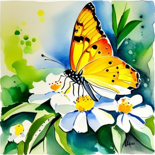 Butterfly Among Flowers in Light Watercolor Style
