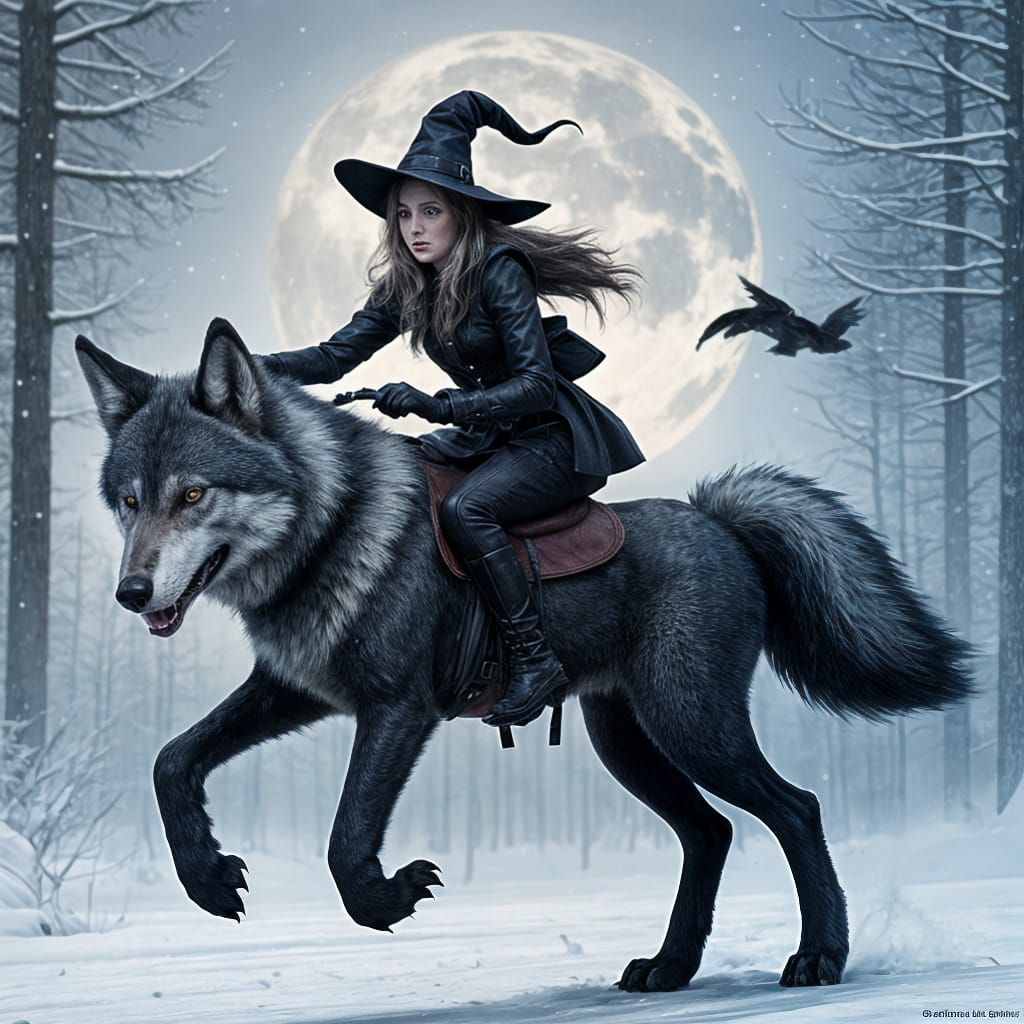 A witch riding a shifter in wolf form.