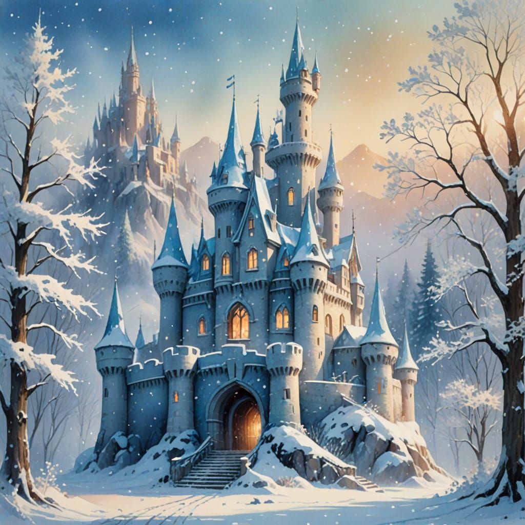 Whimsical Winter Wonderland Castle in Dreamy Watercolor Styl...