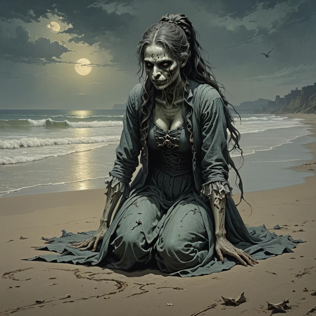 Attractive Ghoul Woman on Beach in Horror Art Style