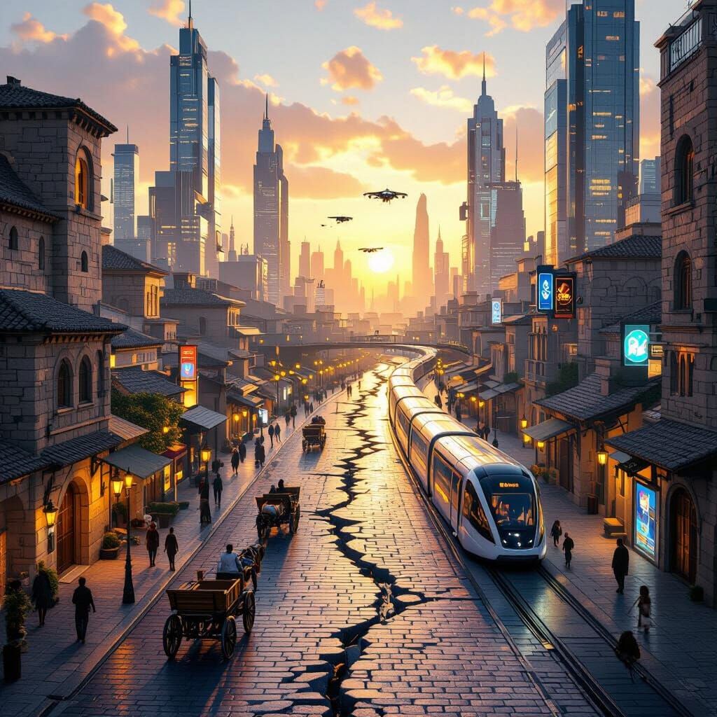 Futuristic vs. Ancient City Street Split by Time Crack