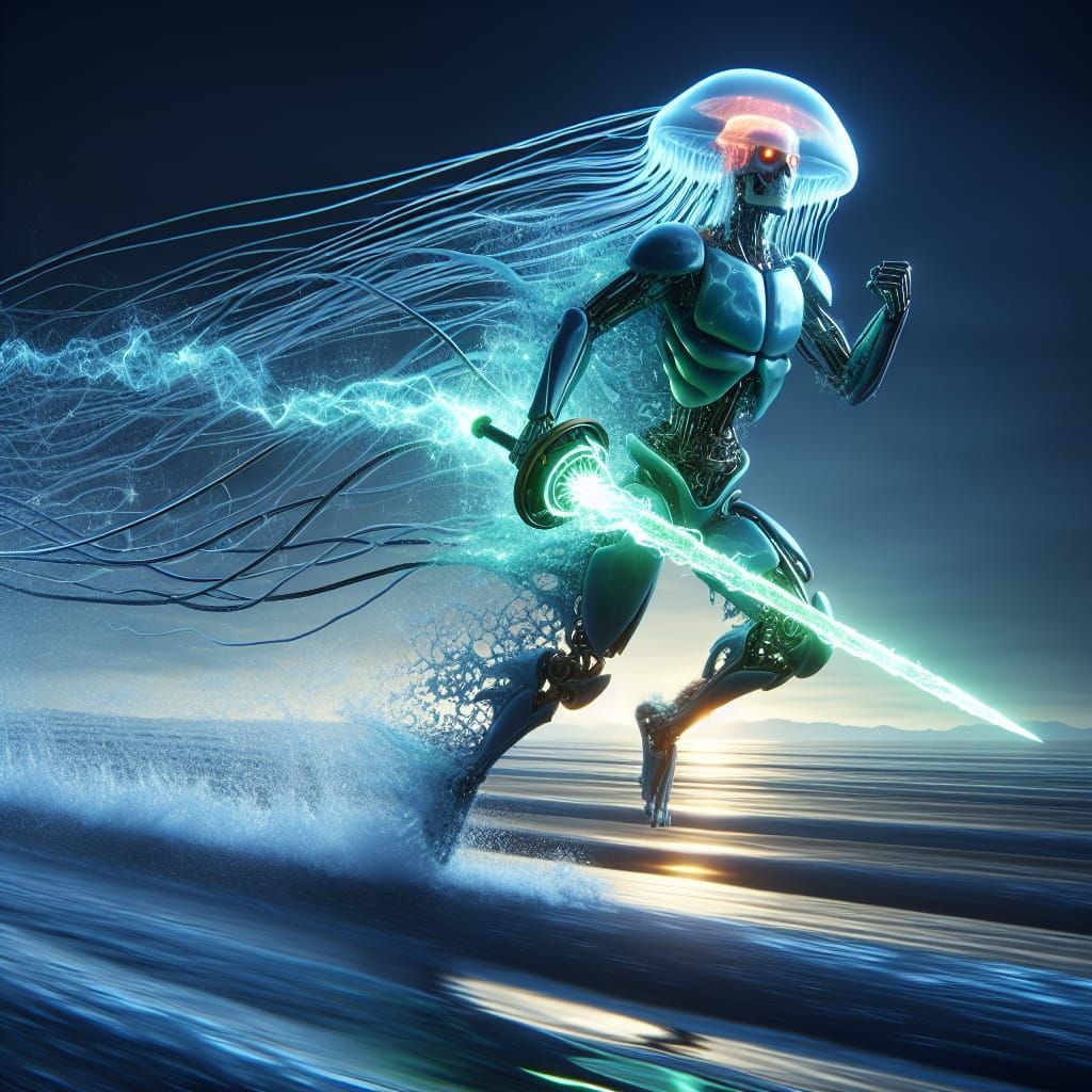 Gelatinous Cyborg Warrior Wielding Plasma Sword