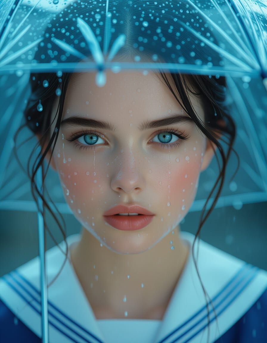 Dreamy Girl Portrait Under Umbrella in Rain