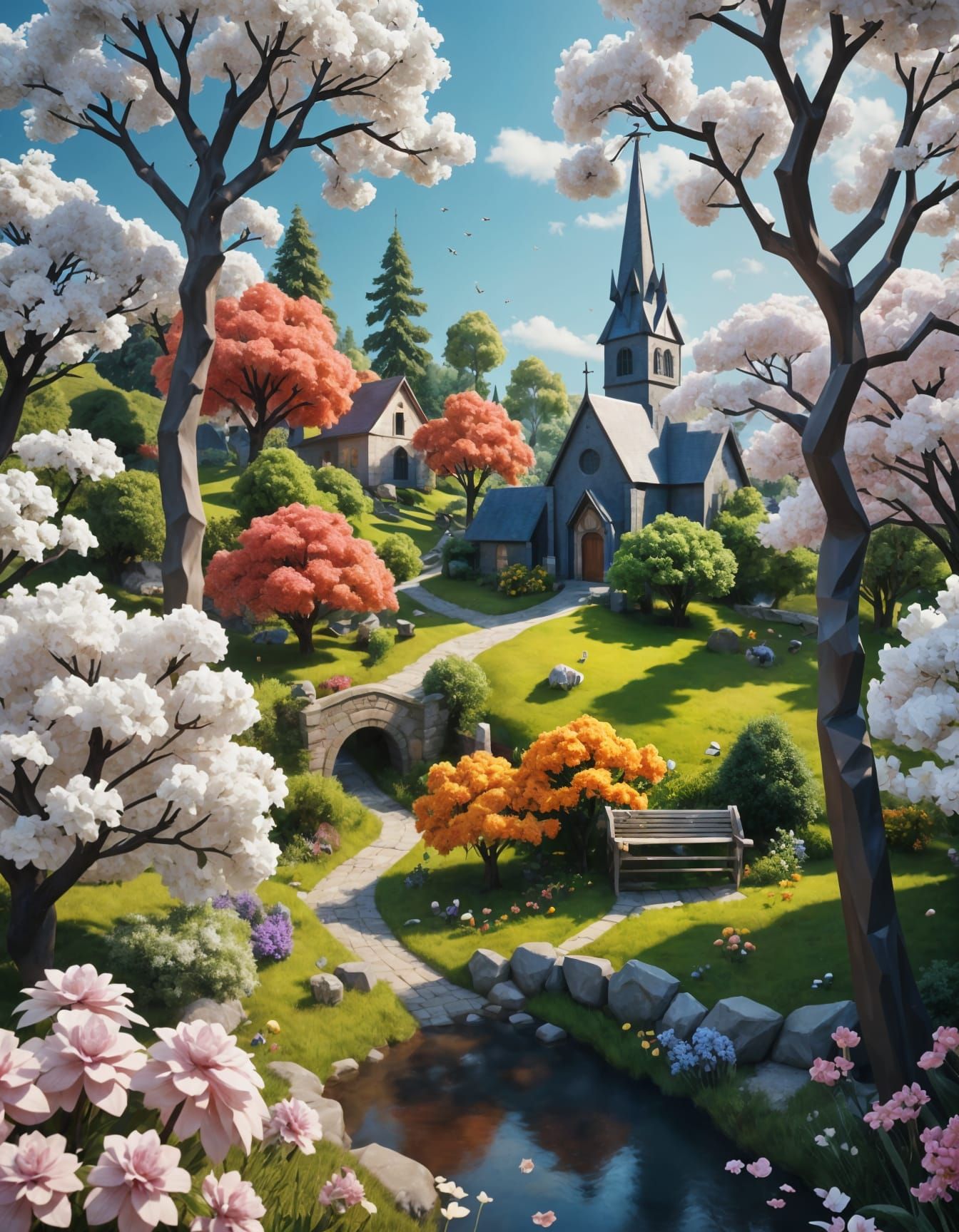 Origami Paper Art Village with Church and Flowers