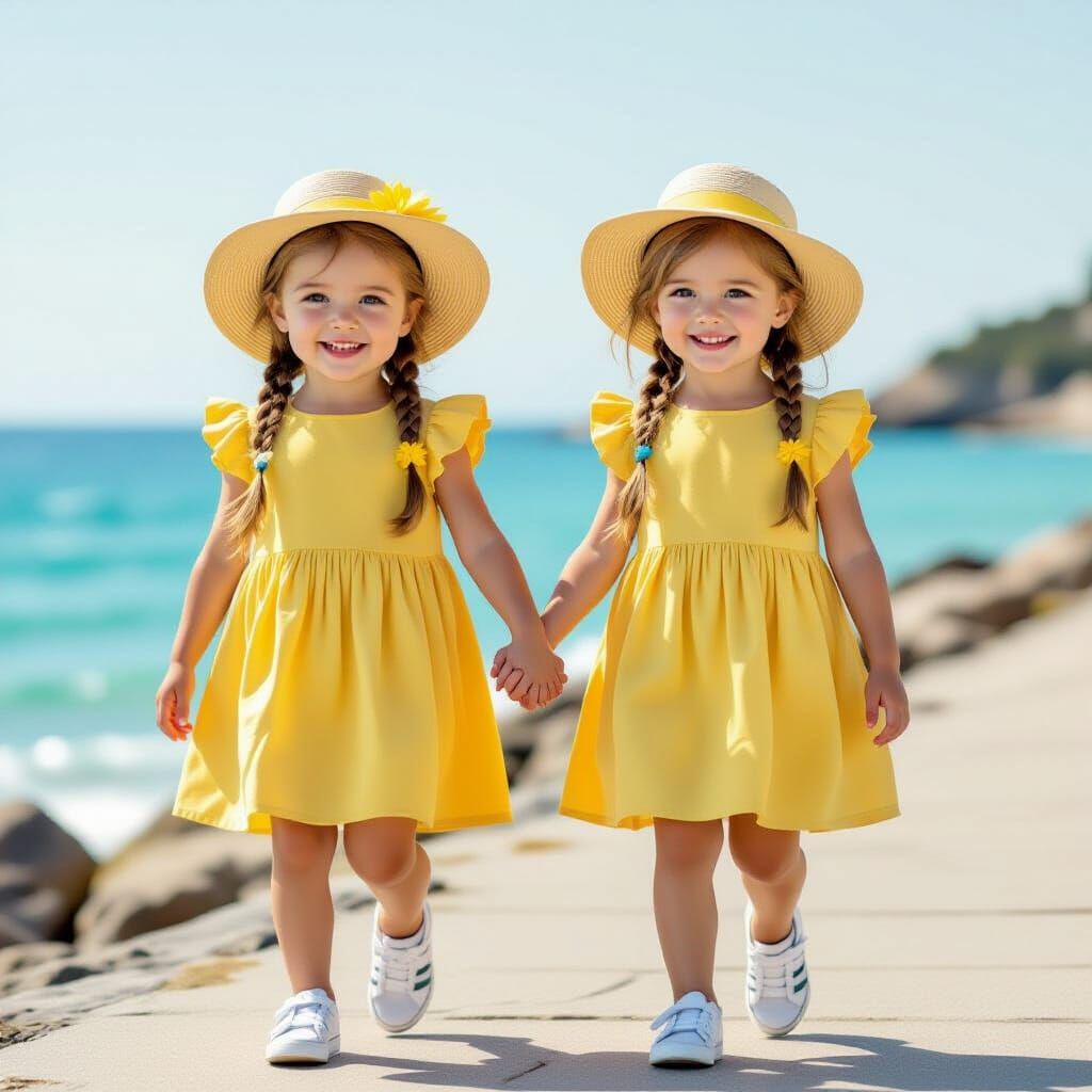 Twin Girls Walking on Seaside Promenade