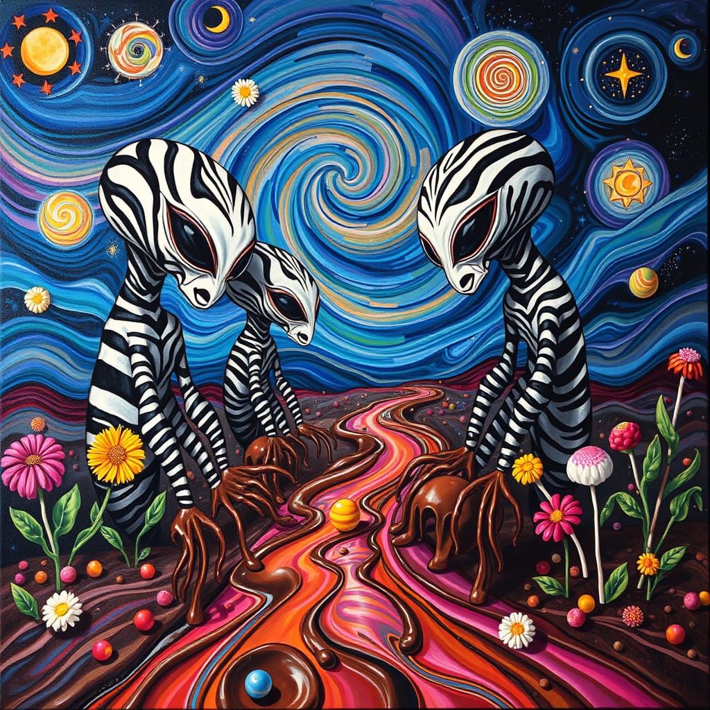 Surreal Chocolate Galaxy with Zebra Aliens as Gouache