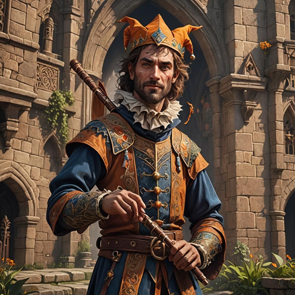 Cunning Medieval Jester Bard with Flute, Fantasy Art