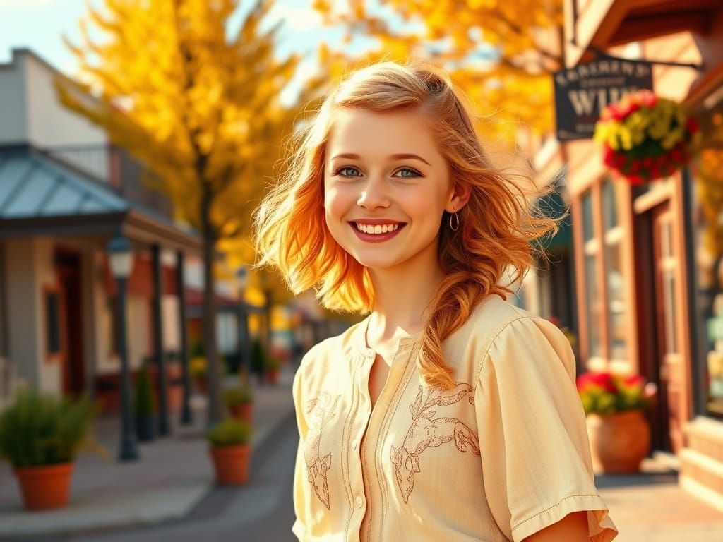Wholesome Country Girl Walks Main Street in Autumn