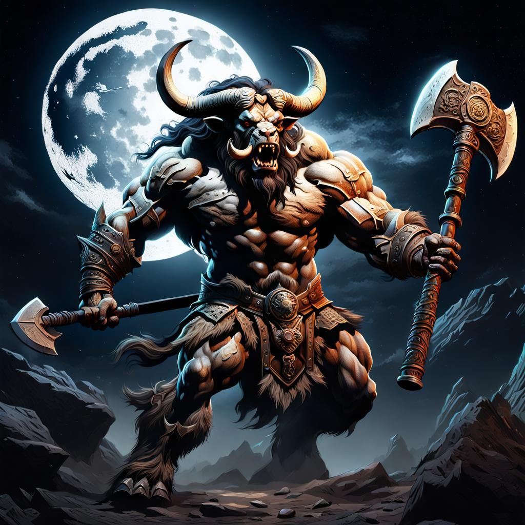 Furious Minotaur Charging Under Moonlight