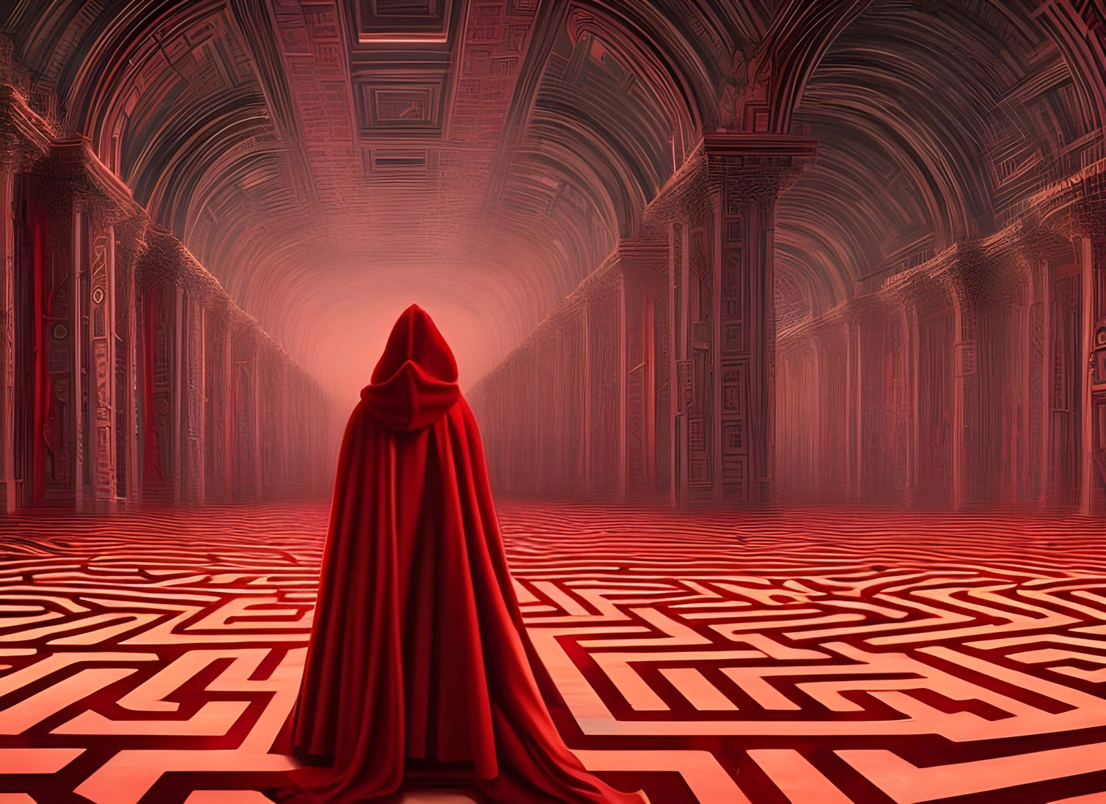 Figure in Red Cloak Navigating Geometric Maze