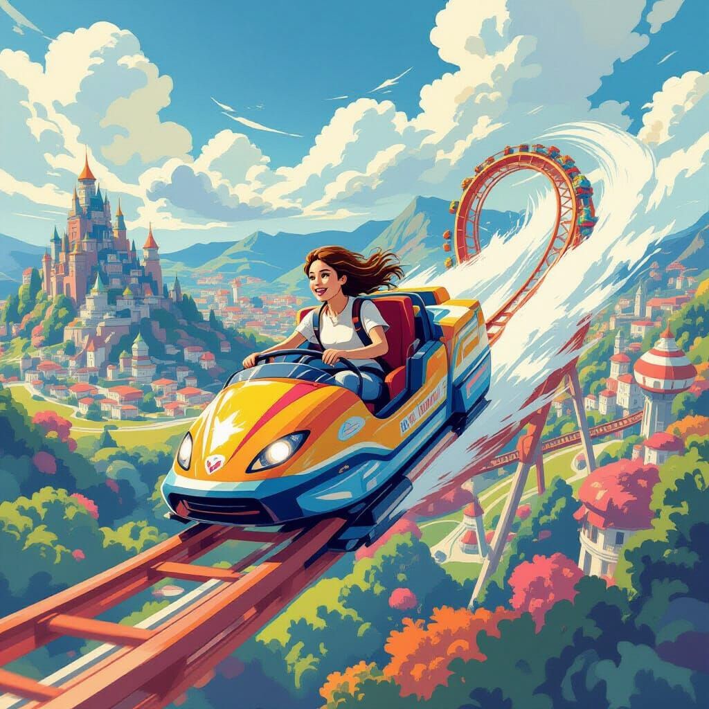 Woman on Rollercoaster in Vibrant Manga Style