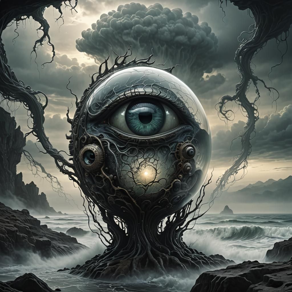 Glass Shape with Eye and Brain in Dark Fantasy Art