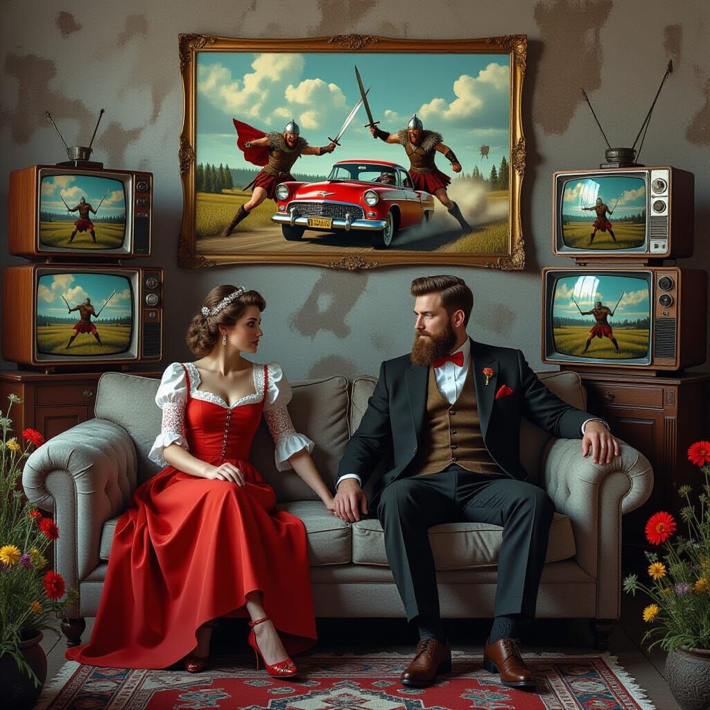 Retro Couple in Viking Chaos, Matte Painting Style