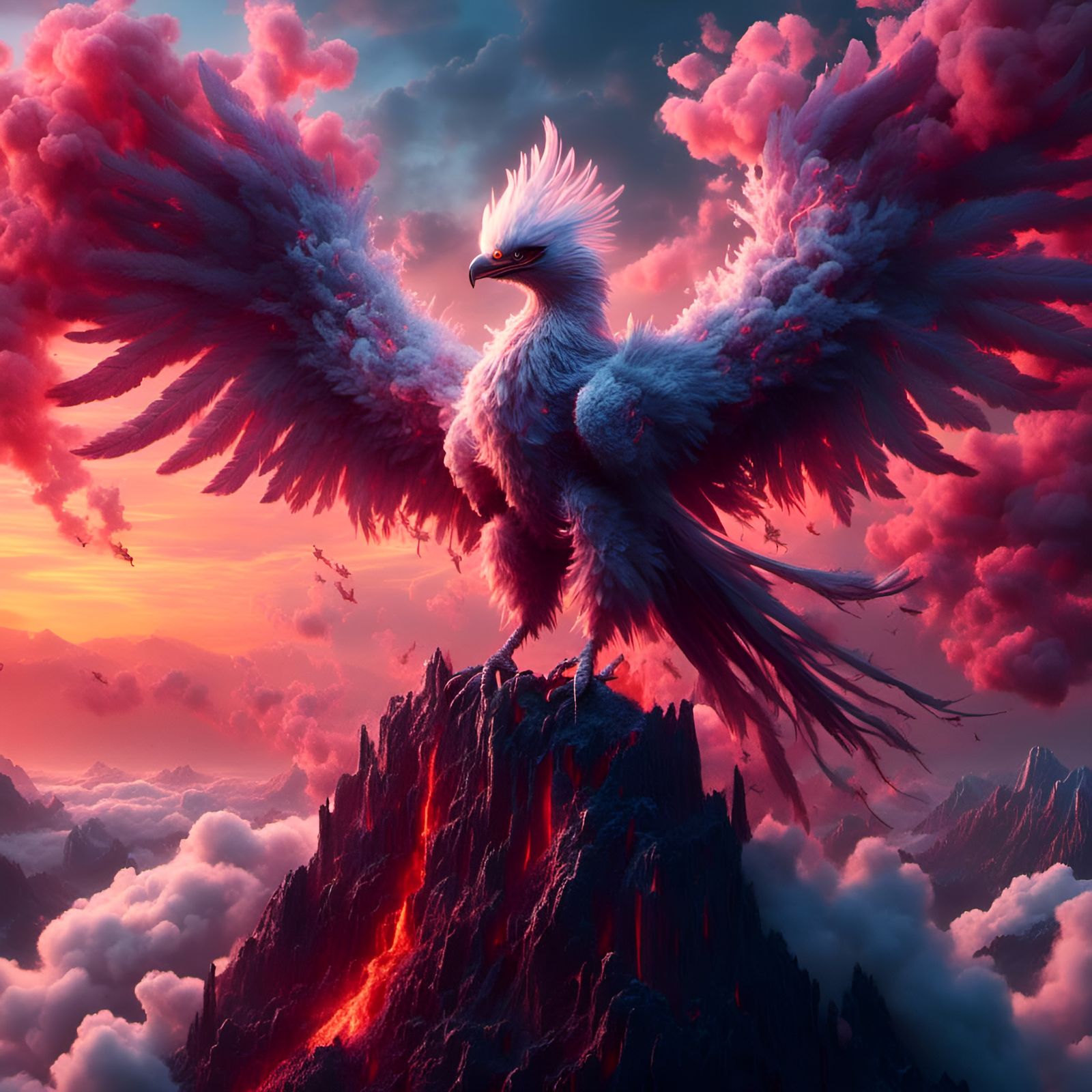 Mythical Phoenix Rising on Hill at Sunset