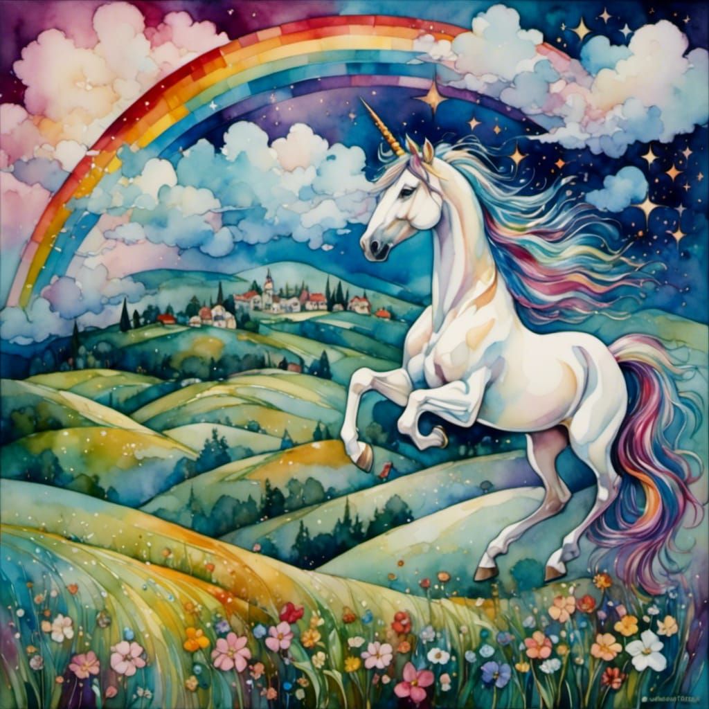 Magical Unicorn Under Rainbow in Klimt Cubism Style