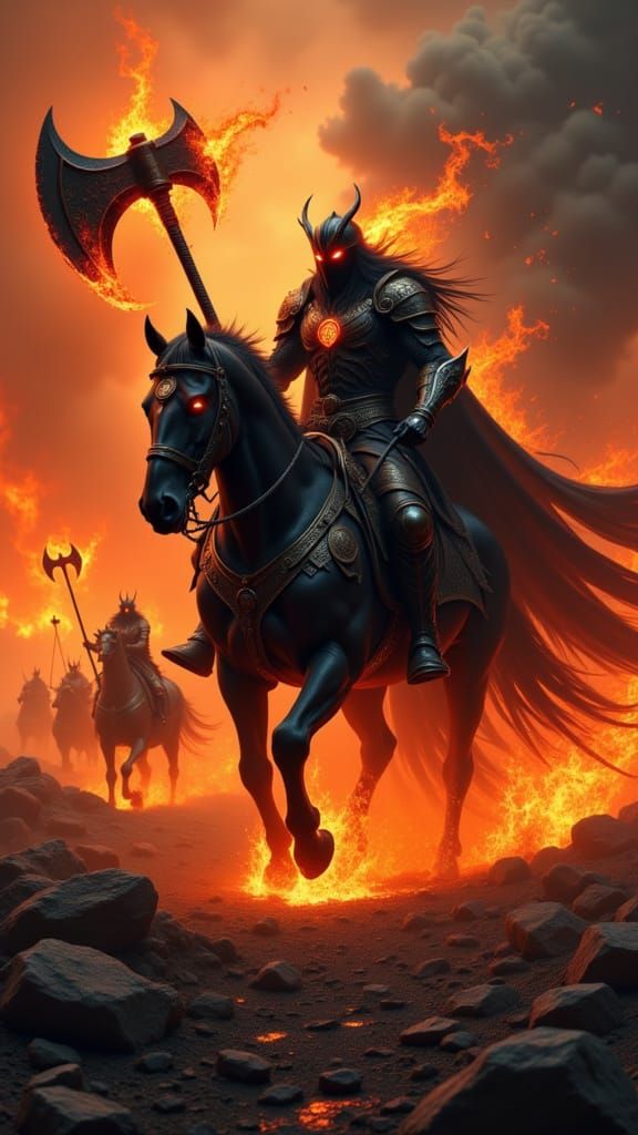 Infernal Black Knight on Warhorse in Burning Battlefield