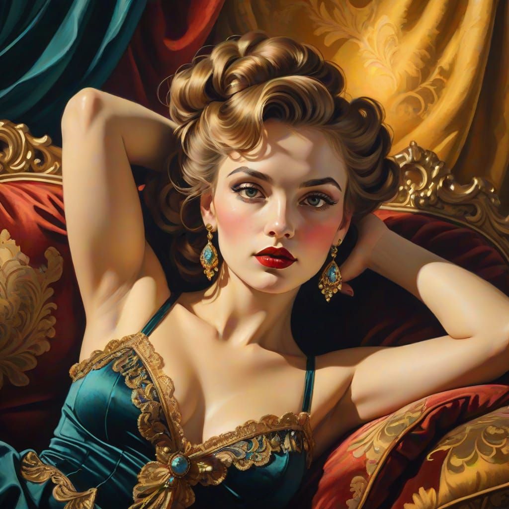 Sultry Femme Fatale in Opulent Oil Painting