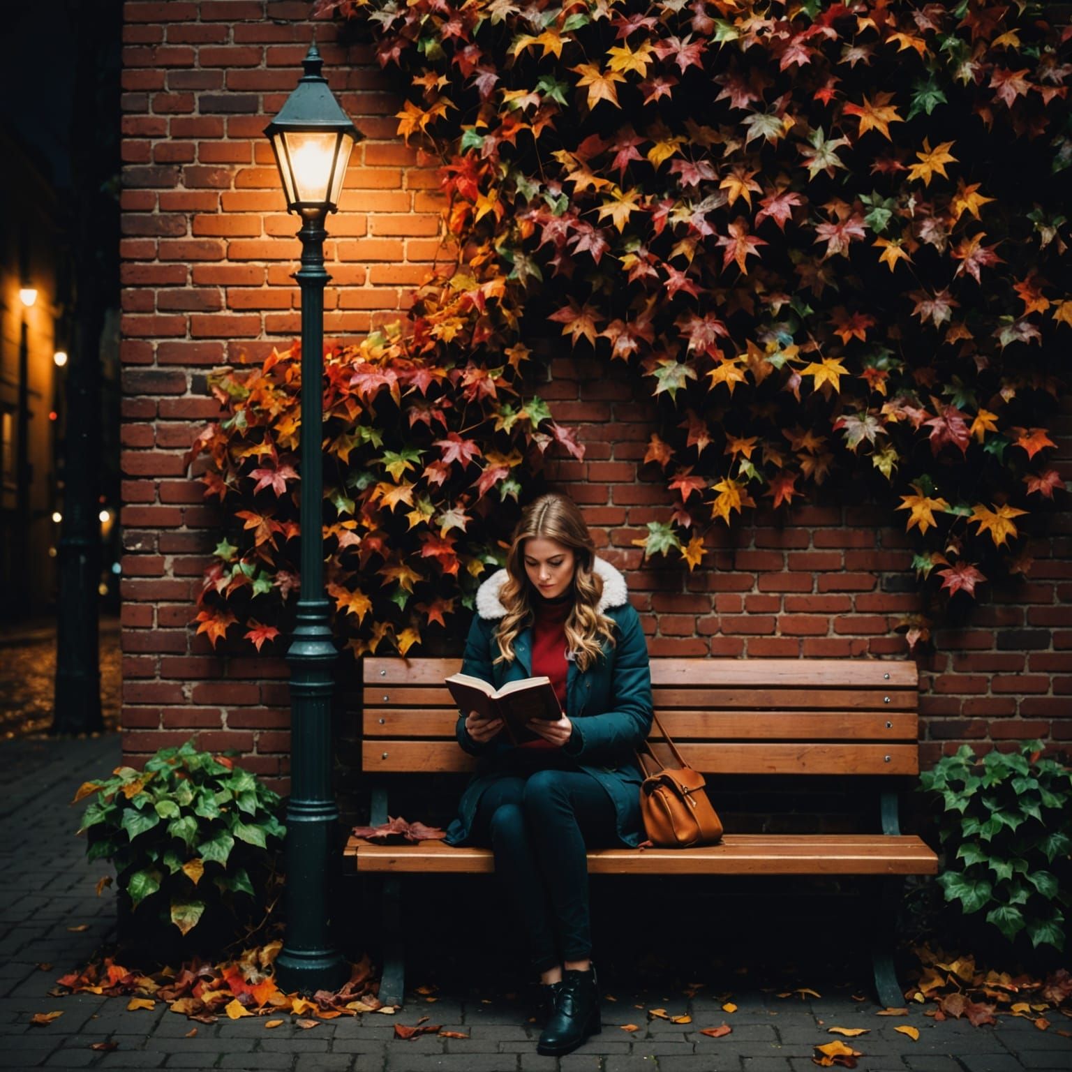 Autumn Ivy Wall & Woman Reading by Streetlight