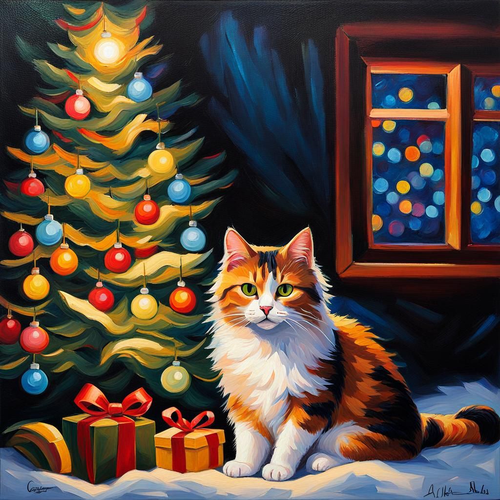 Calico Cat Under Christmas Tree: Expressionist Oil Painting