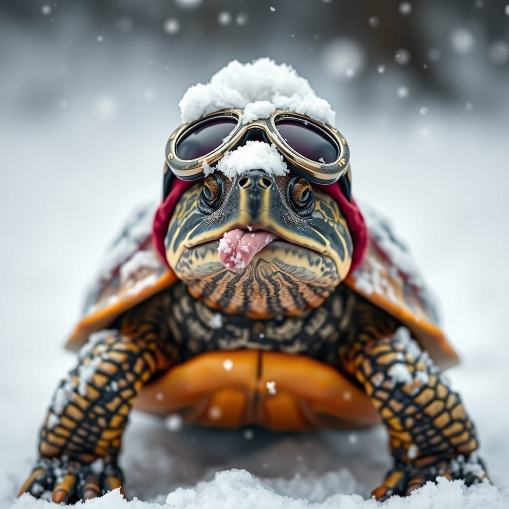 Realistic Box Turtle in Winter Attire, Catching Snowflakes