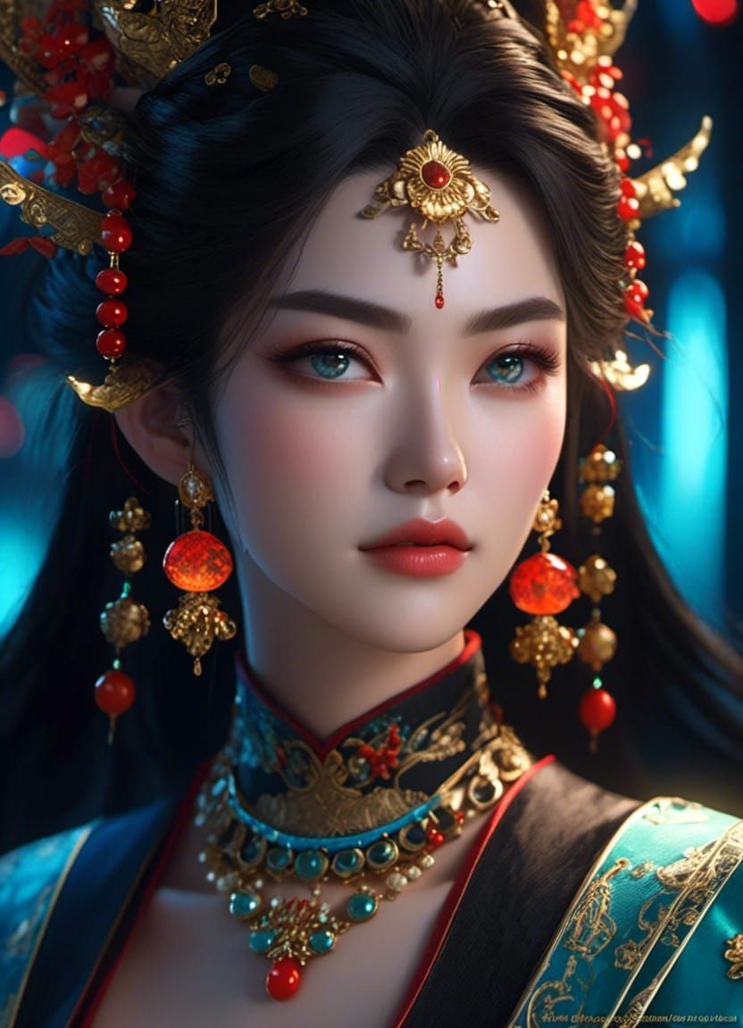 Wuxia Woman Portrait with Twinkling Lights in Anime Style