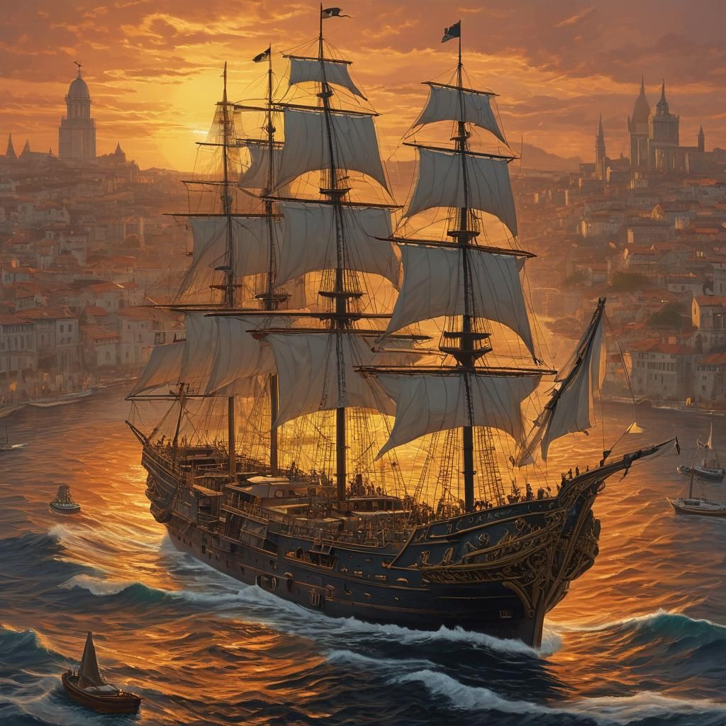 Medieval Mega-Yacht at Sunset: Dystopian Futurism