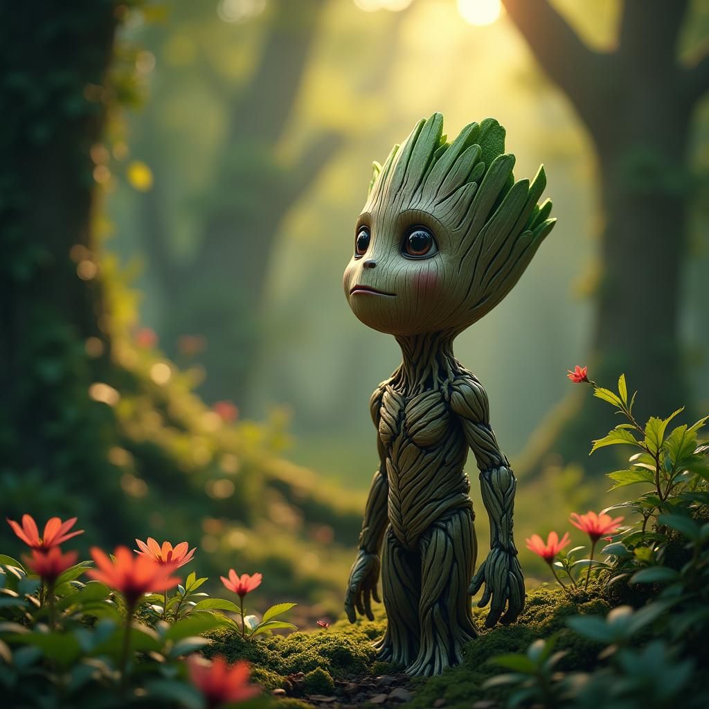 Groot in Emerald World with Flowers, Hyperrealistic Art