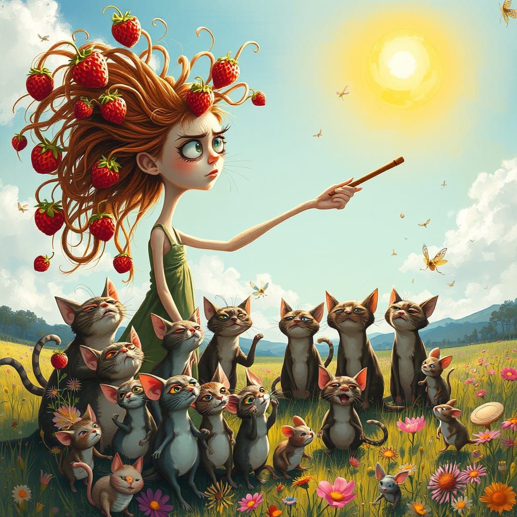 Girl Conducts Whimsical Symphony with Singing Cats