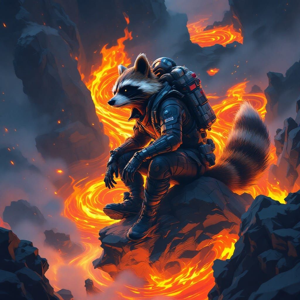 Rocket Raccoon Fortnite Skin Surrounded by Lava in Futuristi...