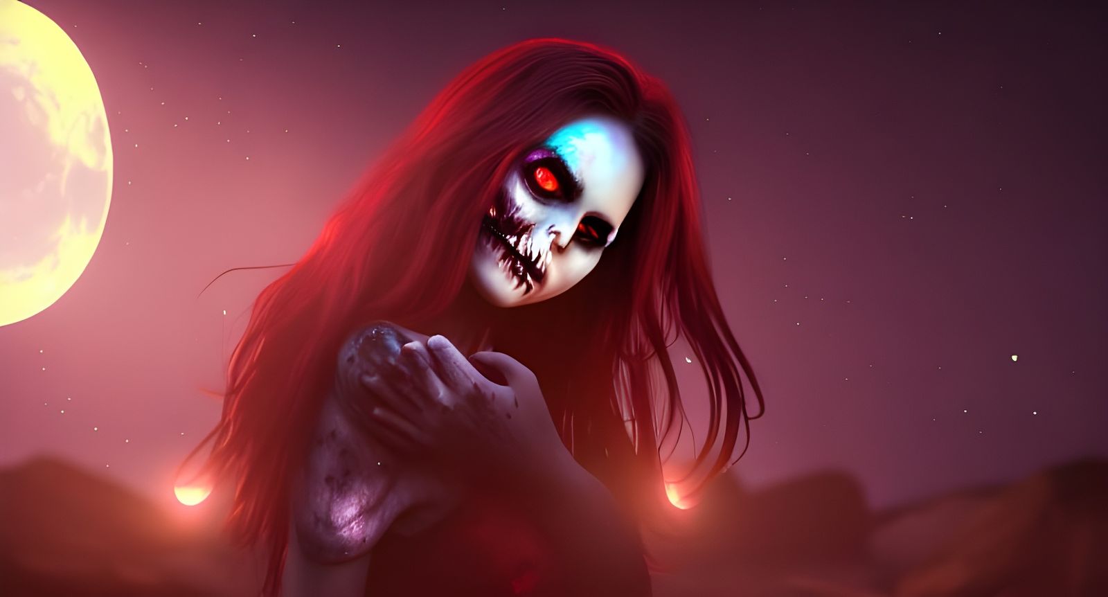 Undead Woman with Ruby Eyes in Moonlit Cave