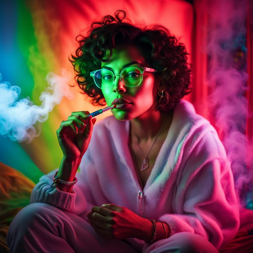 heavy latina female wearing glasses with short curly hair sitting on bed smoking an "oversized crystal clear vape pen" w...