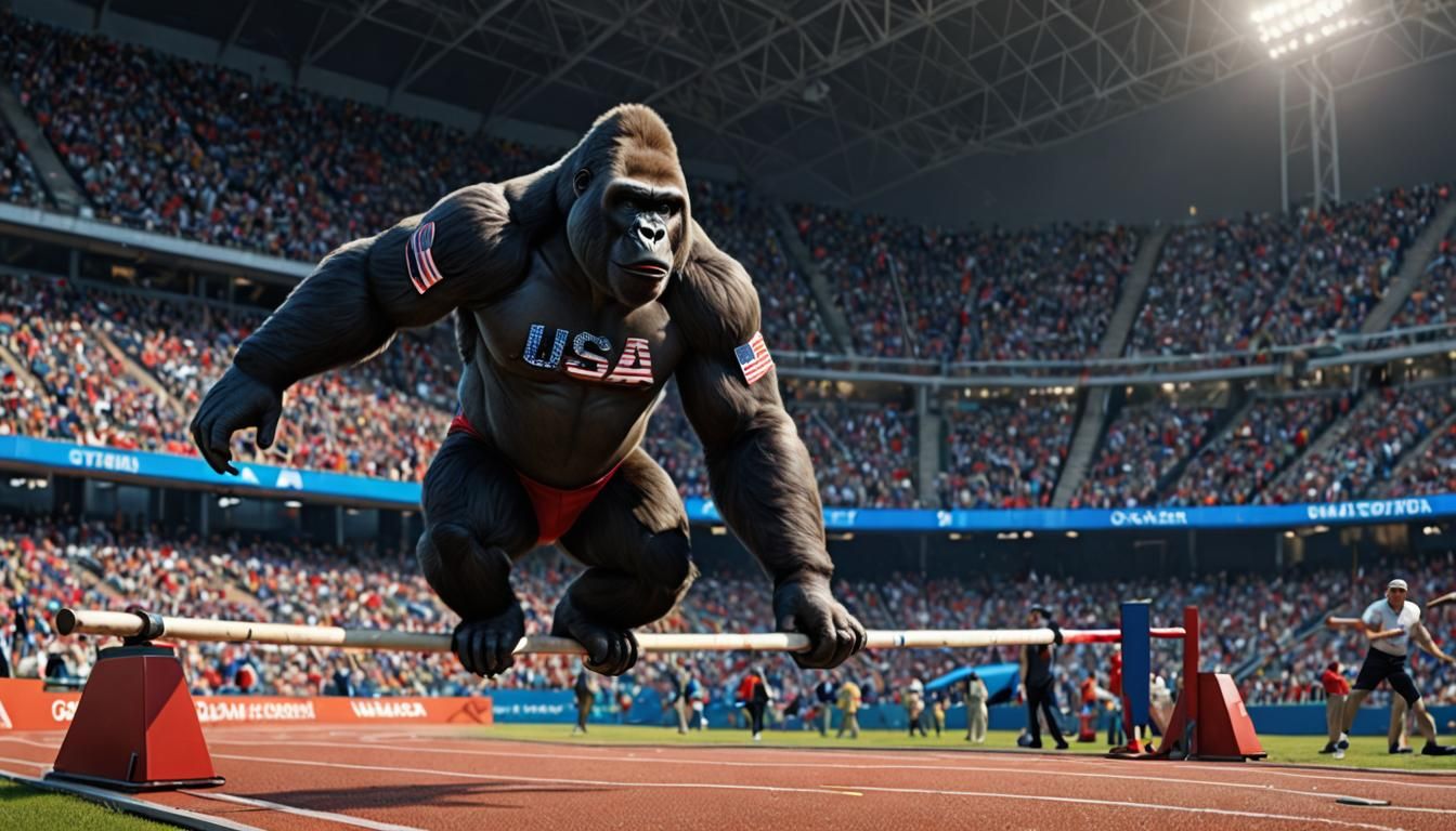 Gorilla Pole Vaulting in Olympic Games, 3D Render