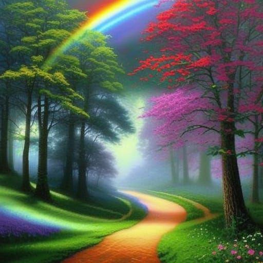 Ethereal Rainbow Fantasy Landscape in Kinkade Style