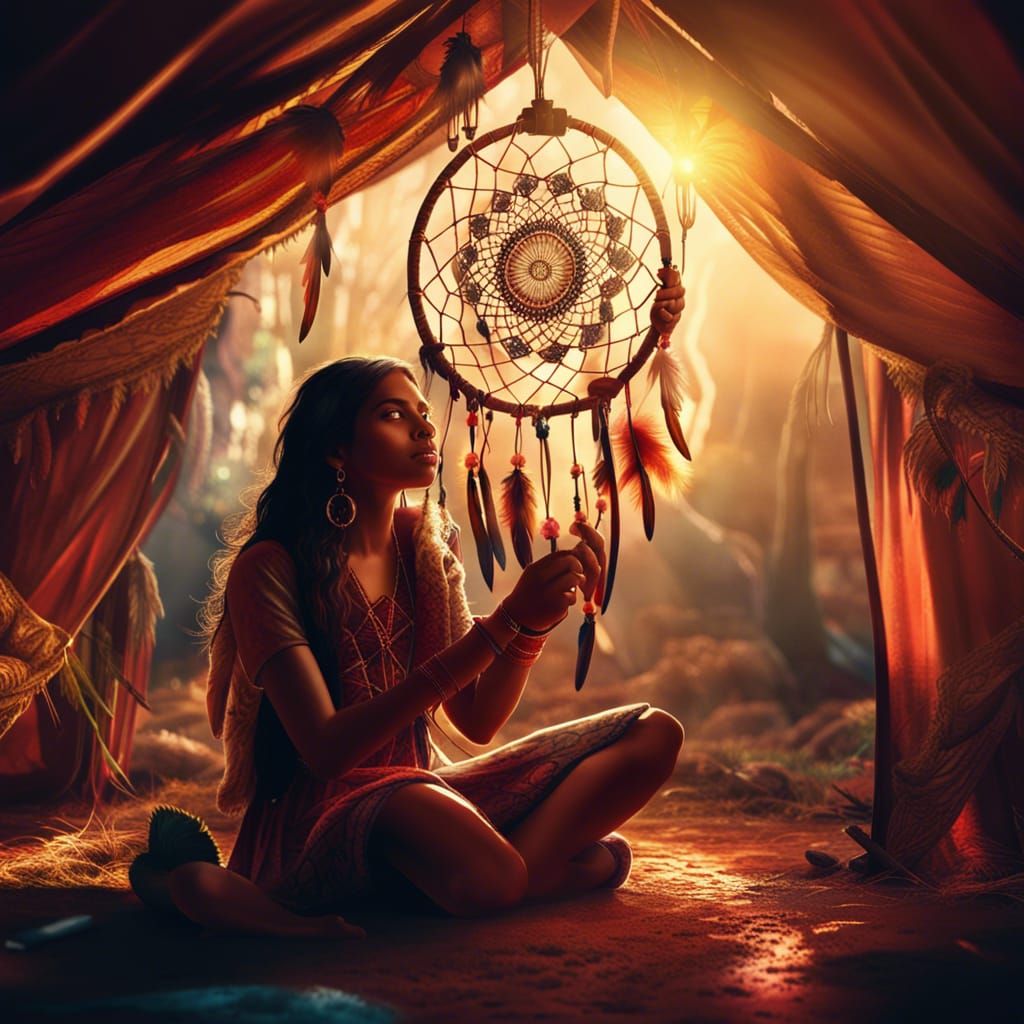 Indian Girl Making Dreamcatcher in Magical Sunlight