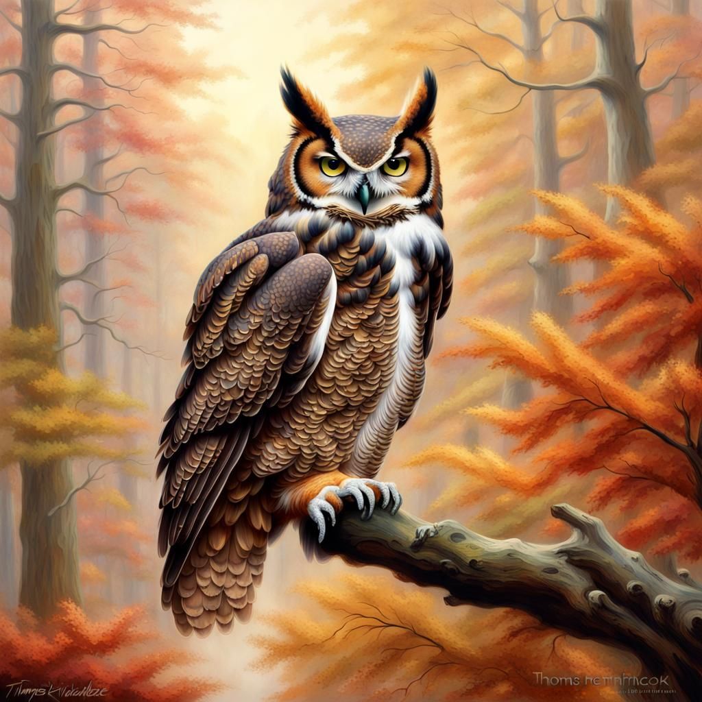 Great Horned Owl in Ethereal Autumn Landscape