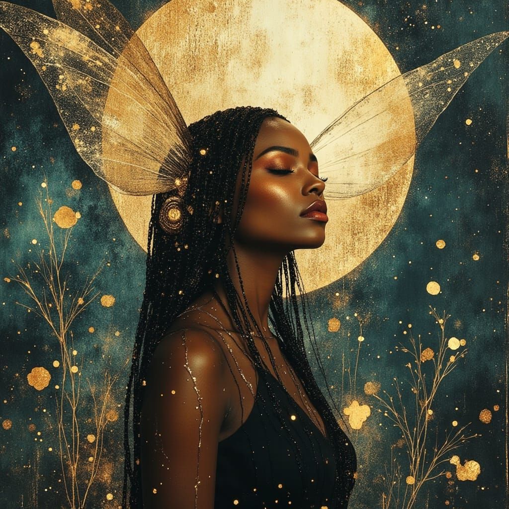 Black Fairy Goddess with Gossamer Wings and Full Moon