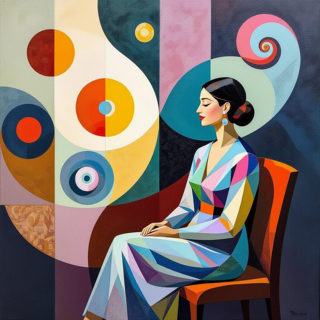 Calm Patient Amidst Abstract Swirls in Bold Colors
