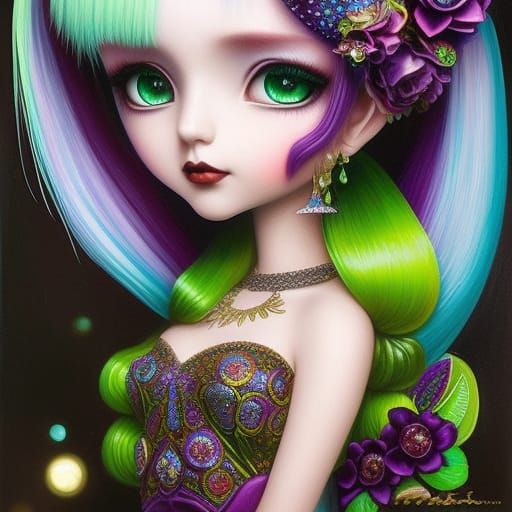Rainbow Pixie Girl in Gothic Dress, Digital Art