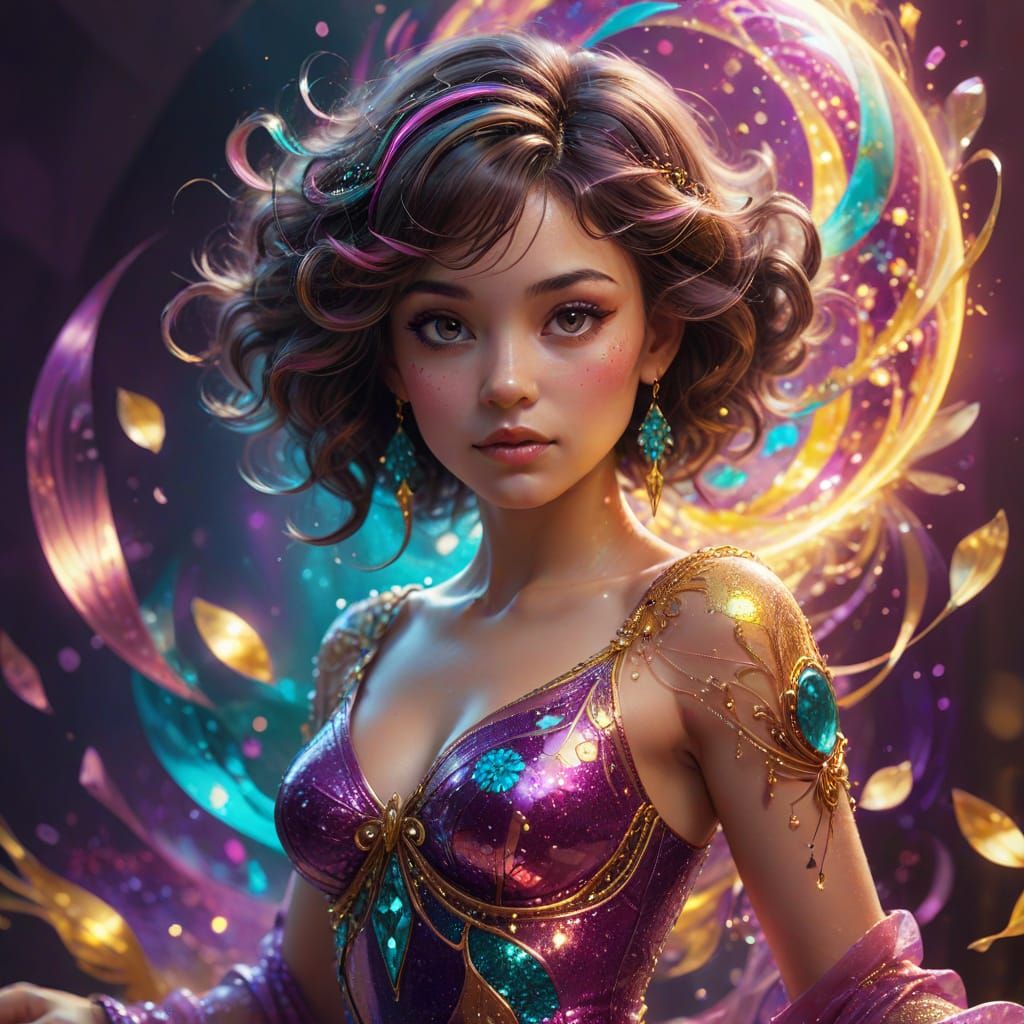 Psychedelic Glitter Chibi Portrait with Fractal Background