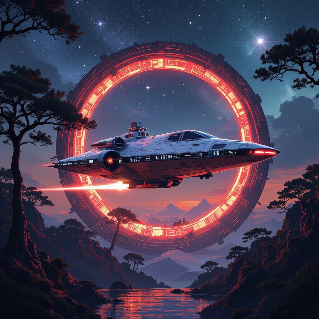 Retro-Futuristic Starship Enters Red Crystal Portal